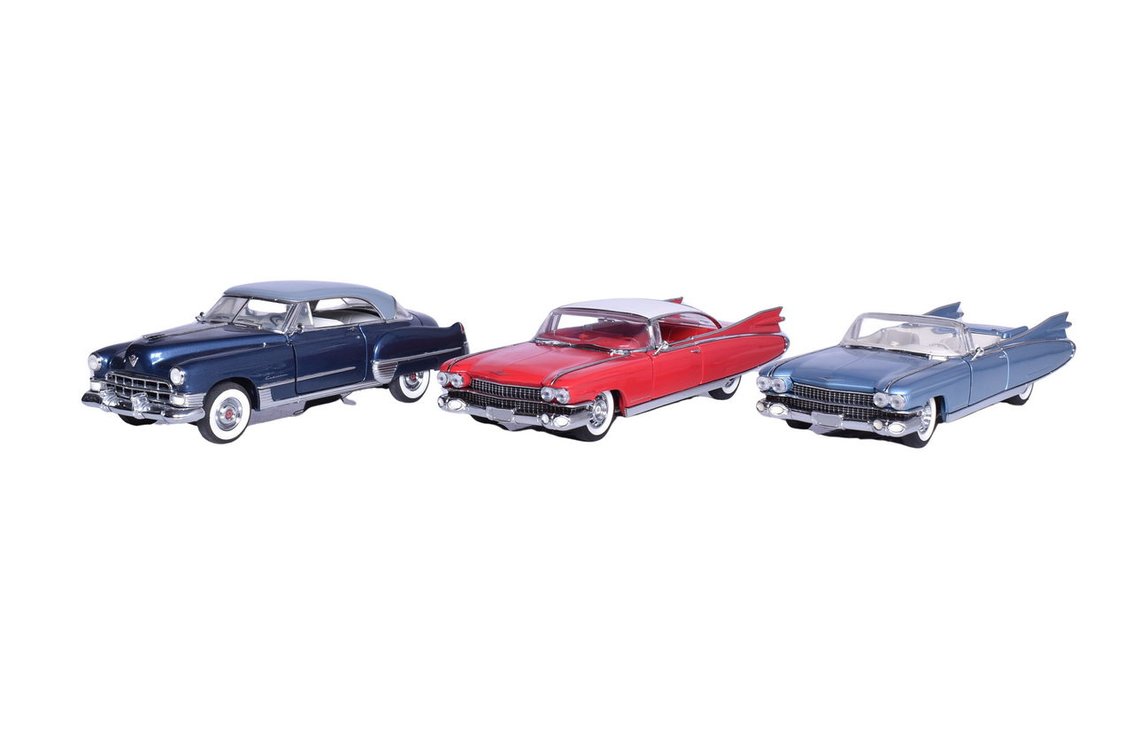 Three Franklin Mint 1:24 Die Scale Models - 1949, 1959 Chevrolet Cadillac Coupe De Ville, Seville