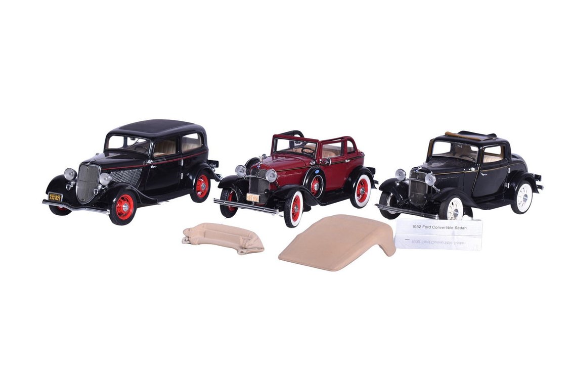 Three Franklin Mint 1:24 Die Cast 1930s Ford Models - Convertible Sedan, Deluxe, Deuce Coupe
