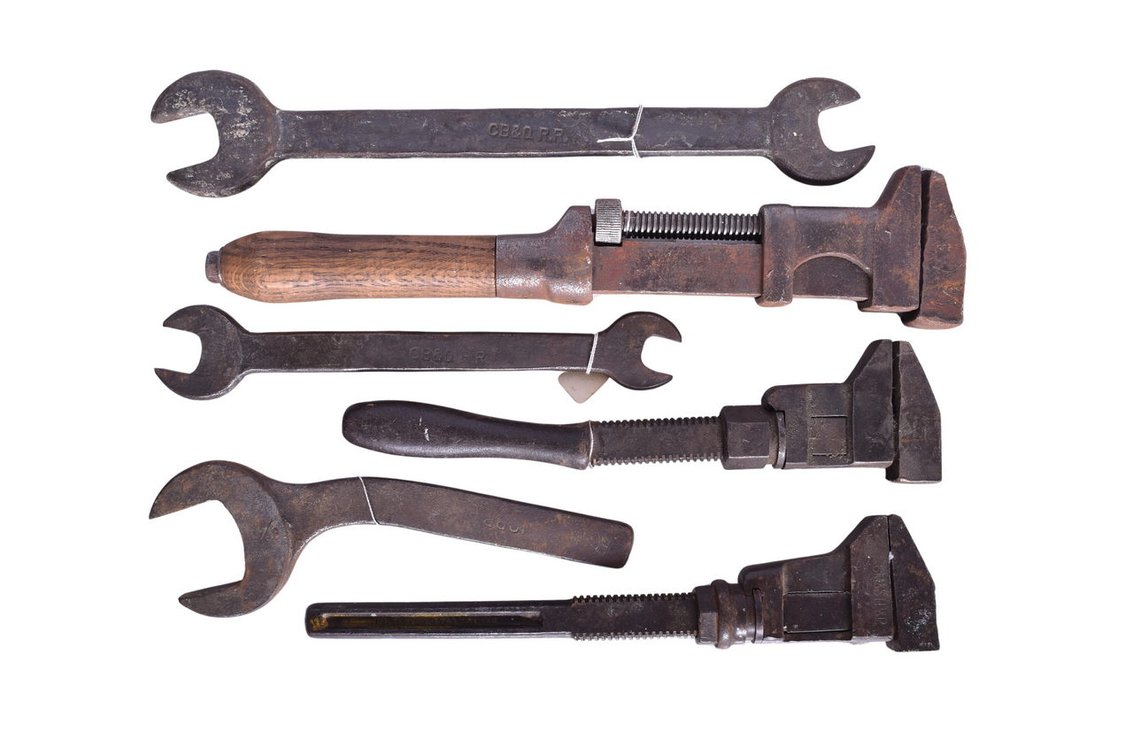 Six Midwest Railroad Wrenches - Wabash, Elgin, Joliet & Eastern, Illinois Central, Burlington Route, and Milwaukee Road