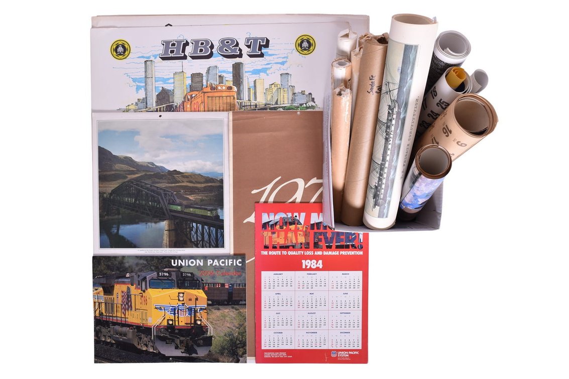 Large Group of Railroad Wall Calendars - Santa Fe, Union Pacific, Burlington Northern, and Harbor Belt & Terminal