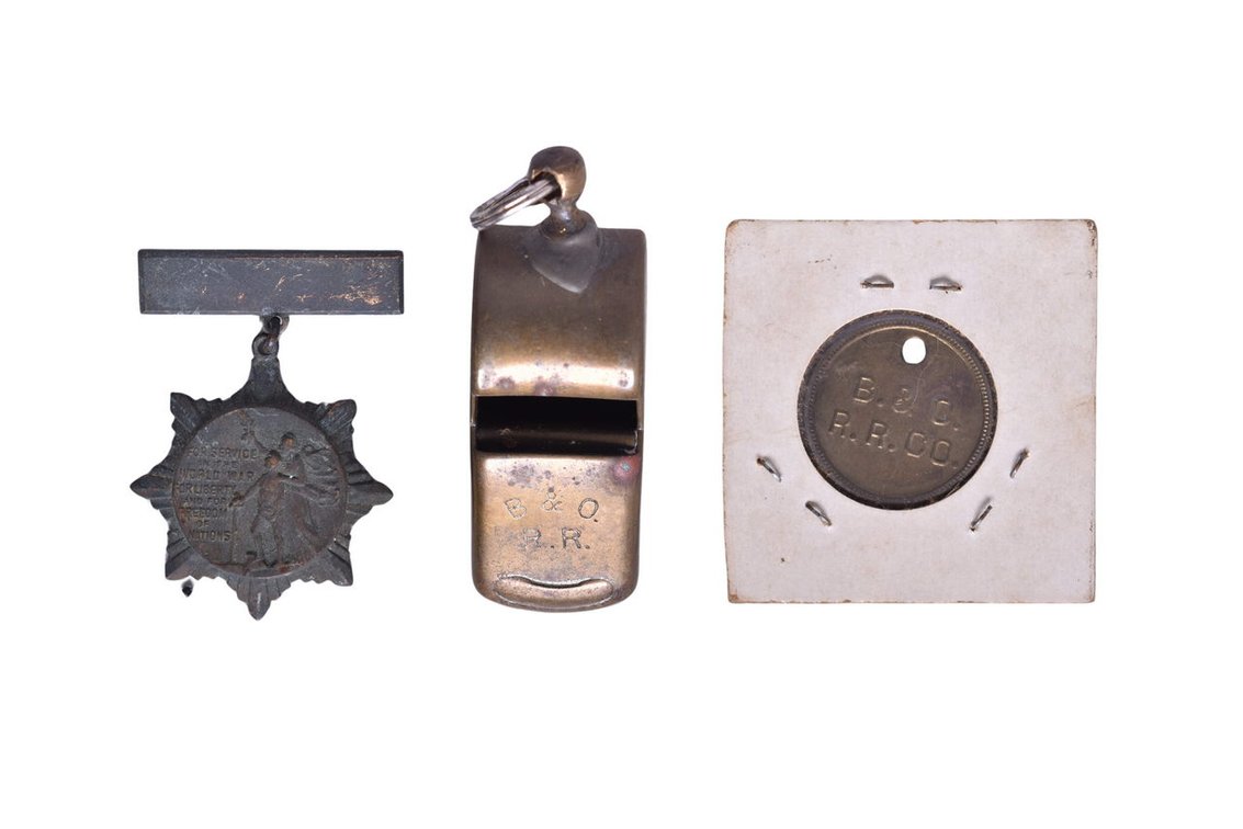 Three Pieces Of Baltimore & Ohio Railroad Memorabilia- WWI Brotherhood Of Railroad Trainmen Service Medal, B&O Railroad Whistle, B&O Railroad Co. Token