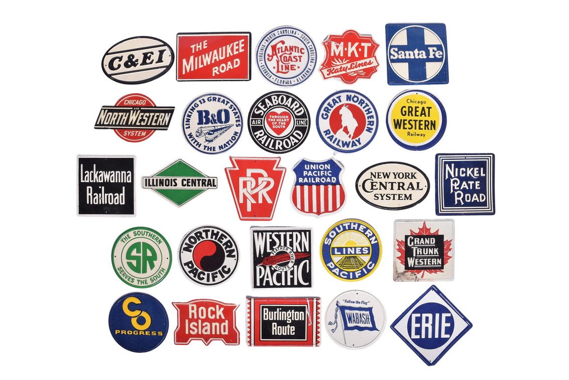 1950's Post Cereal Railroad Mini Tin Signs Group Of Twenty-Six- Rock Island, Pennsylvania, Erie, Burlington Route, Grand Trunk Western, Santa Fe, Lackawanna, C&EI, New York Central, Etc.