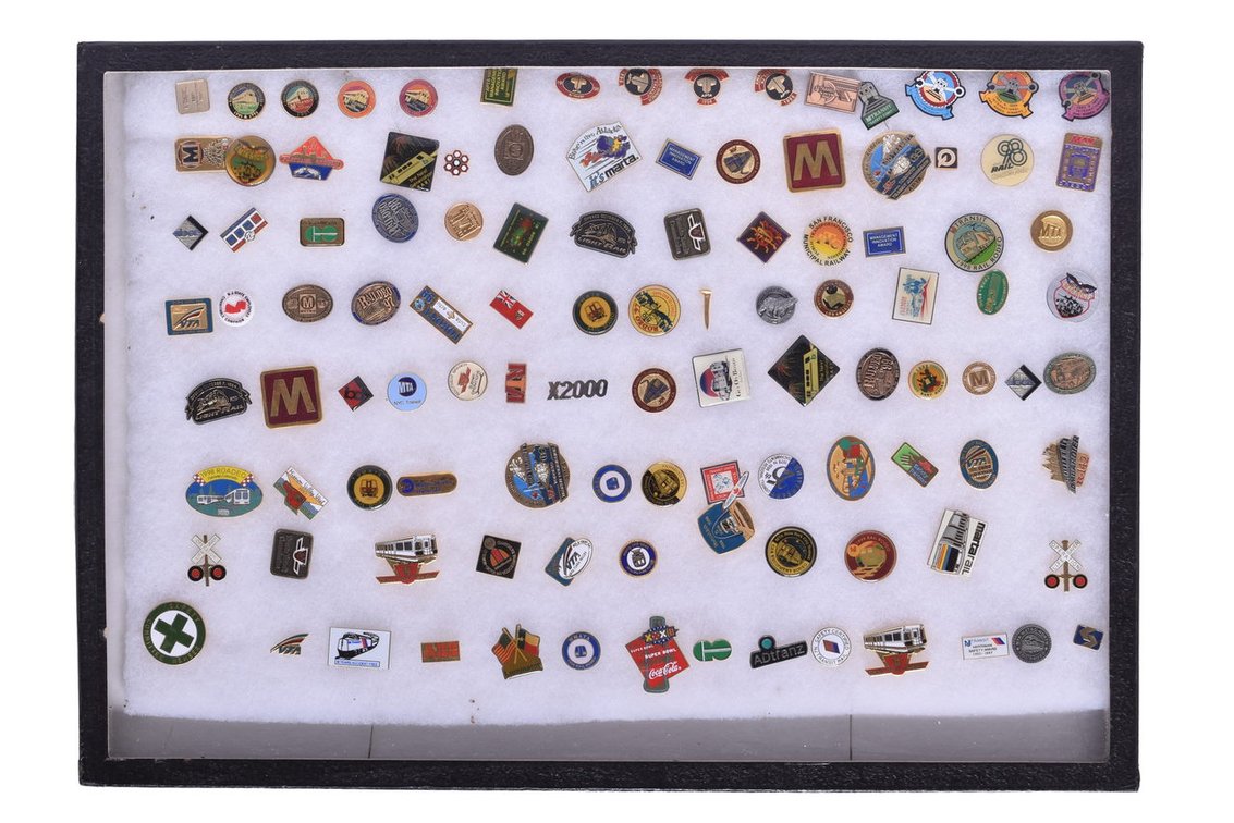 Large Group Of One Hundred And Nine Railroad Pins- "Raildeo", Rail Rodeo Winner Pins, New Jersey Transit, Toronto Transit, Etc.