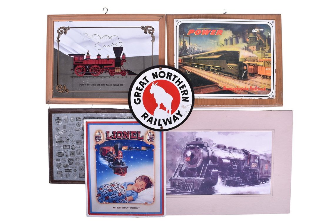 Railroad Memorabilia Items Group Of Six- Steam Town Engine 3254 Print, Metal Railroad Emblem Sign, Metal Lionel Sign, Metal Great Northern Railway Sign, Metal Pennsylvania Railroad Sign