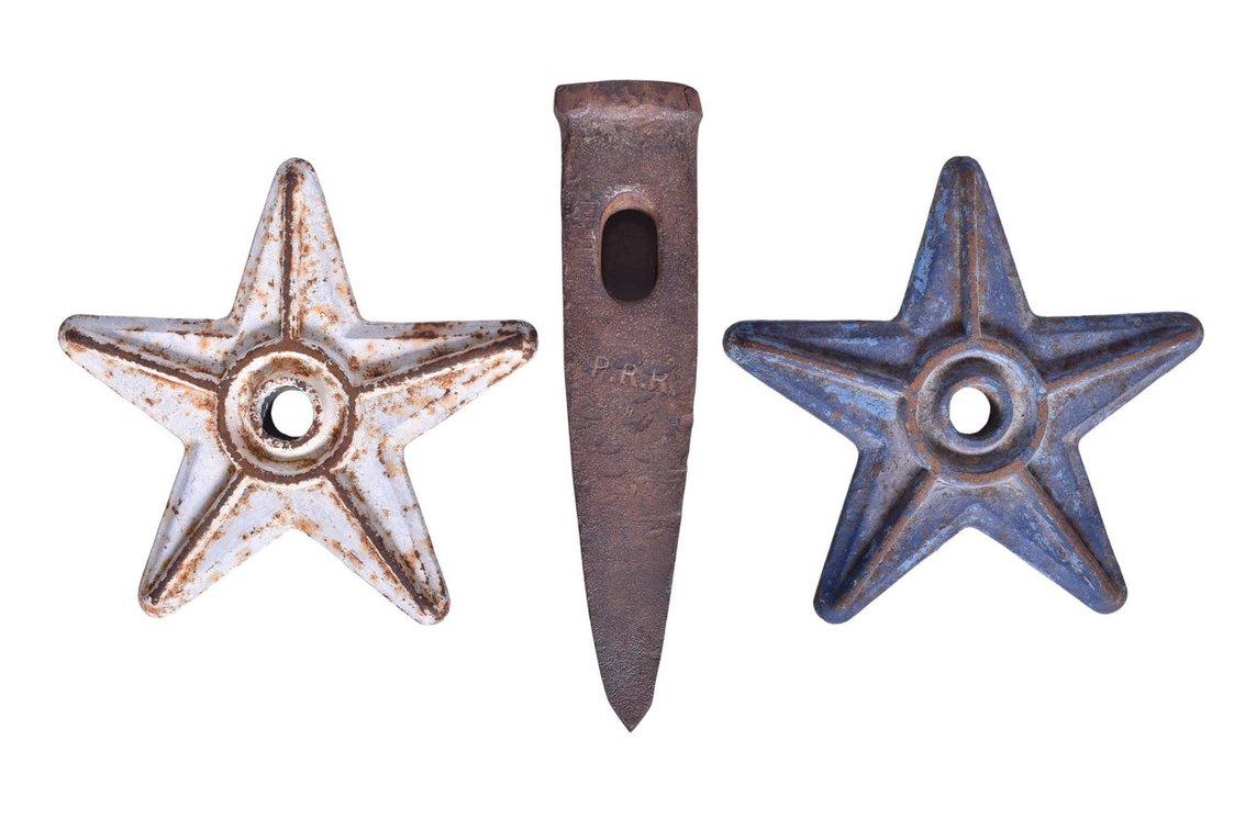 Group Of Three Cast Iron Items- Two Cast Iron Stars, Pennsylvania Railroad Hammer Head