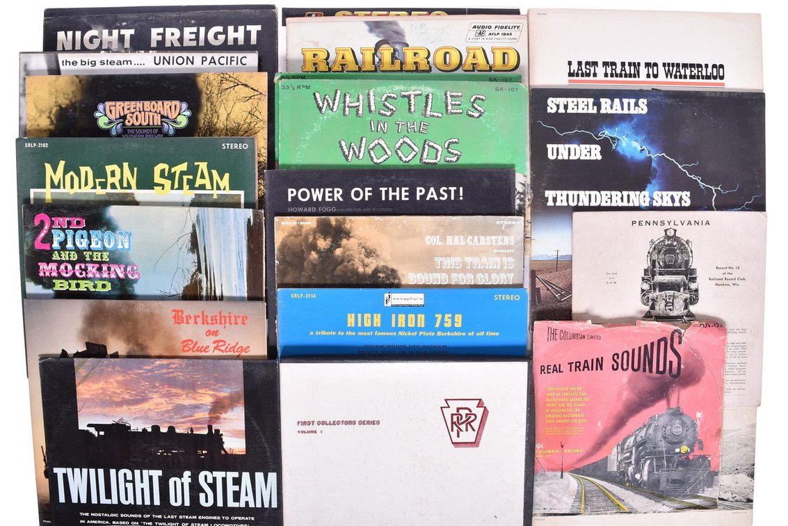 Group Of Twenty-Two Railroad Related Vinyl Records- Railroad Sounds, Greenboard South Night Freight, Whistle In The Woods, Farewell To Steam, Last Train To Waterloo, Etc.