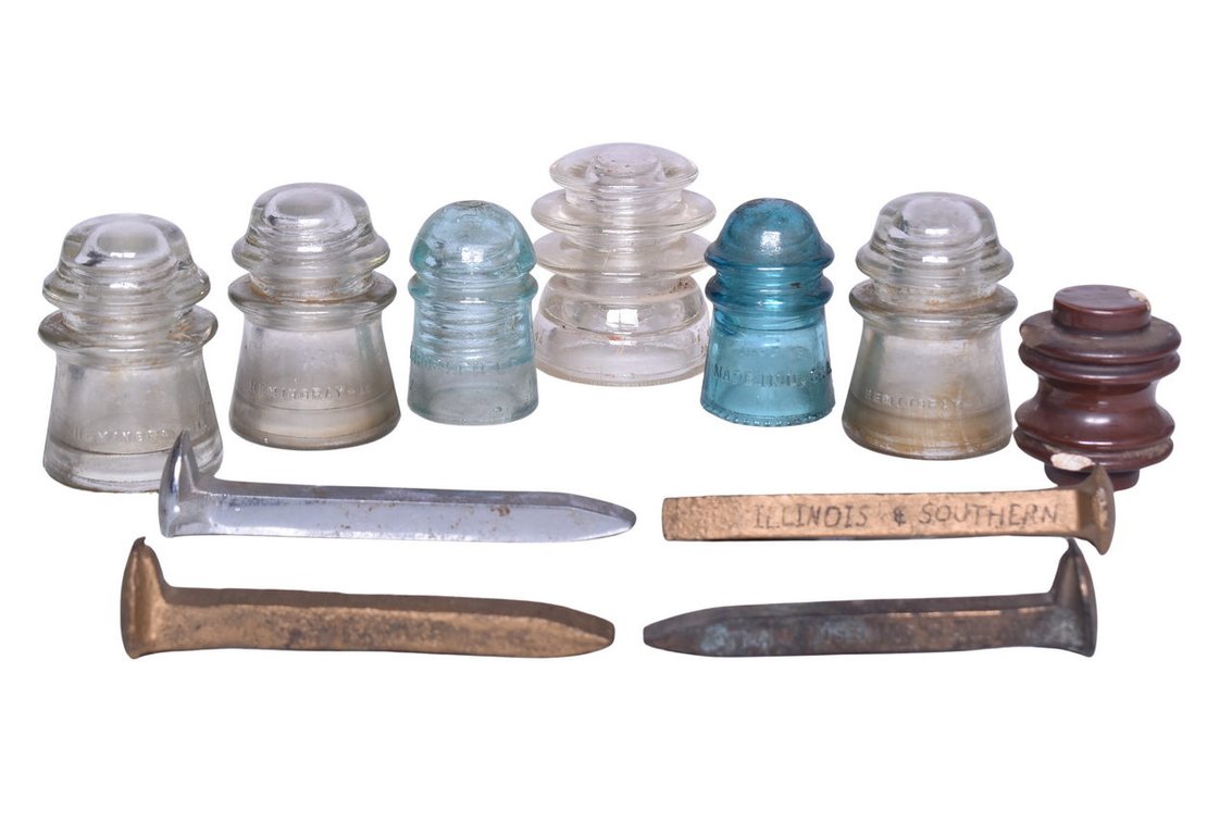 Group Of Six Bulb Insulators And Four Railroad Ties