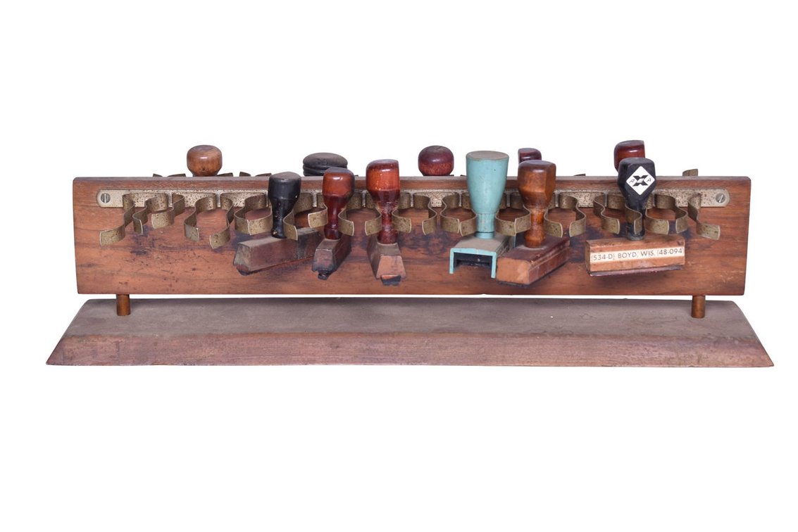 Group Of Eleven Railroad Rubber Stamps On Wooden Handles And A Stamp Holder