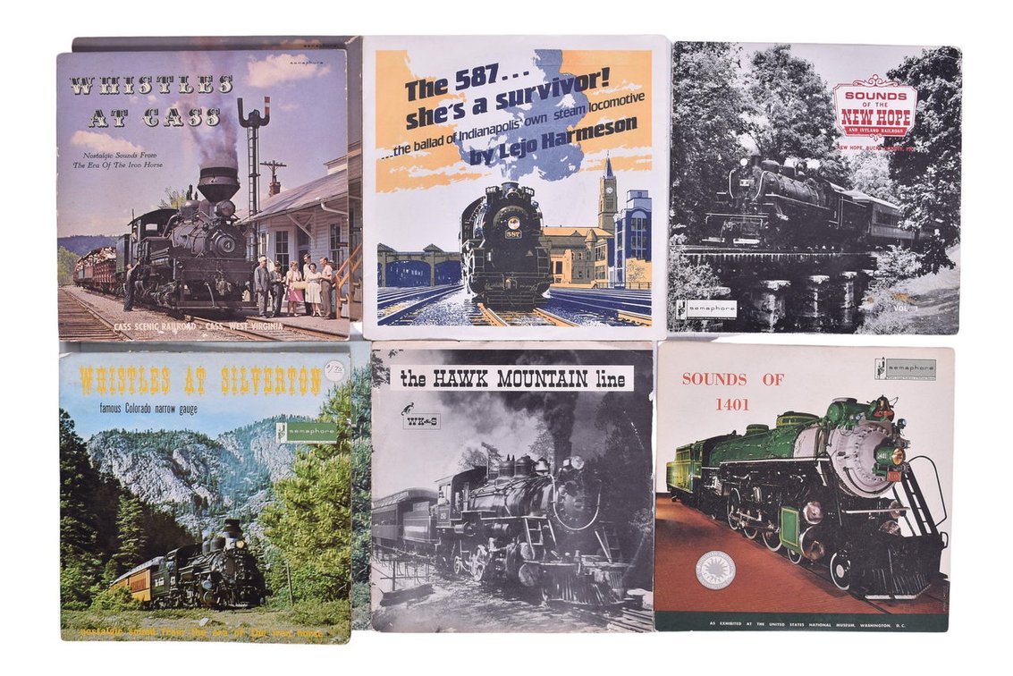 Group Of Eight 7 1/2" x 7 1/2" Vinyl Railroad Records-The 587...She's A Survivor, Sounds Of 1401, Whistles At Cass, Whistles At Silverton, Sounds Of The New Hope, The Hawk Mountain Line