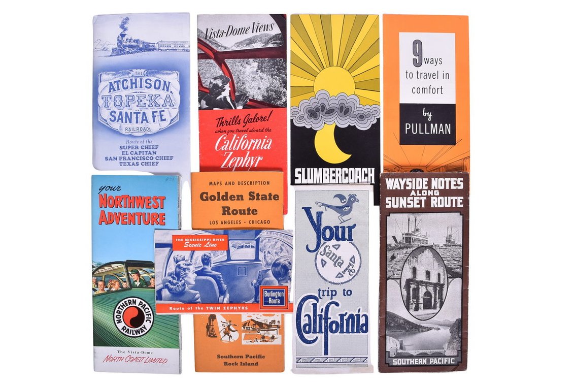 Group Of Nine Railroad Brochures- 1968 Northern Pacific "Slumbercoach", Burlington Route, Pullman, Southern Pacific, 1970 AT&SF, Santa Fe, Etc.