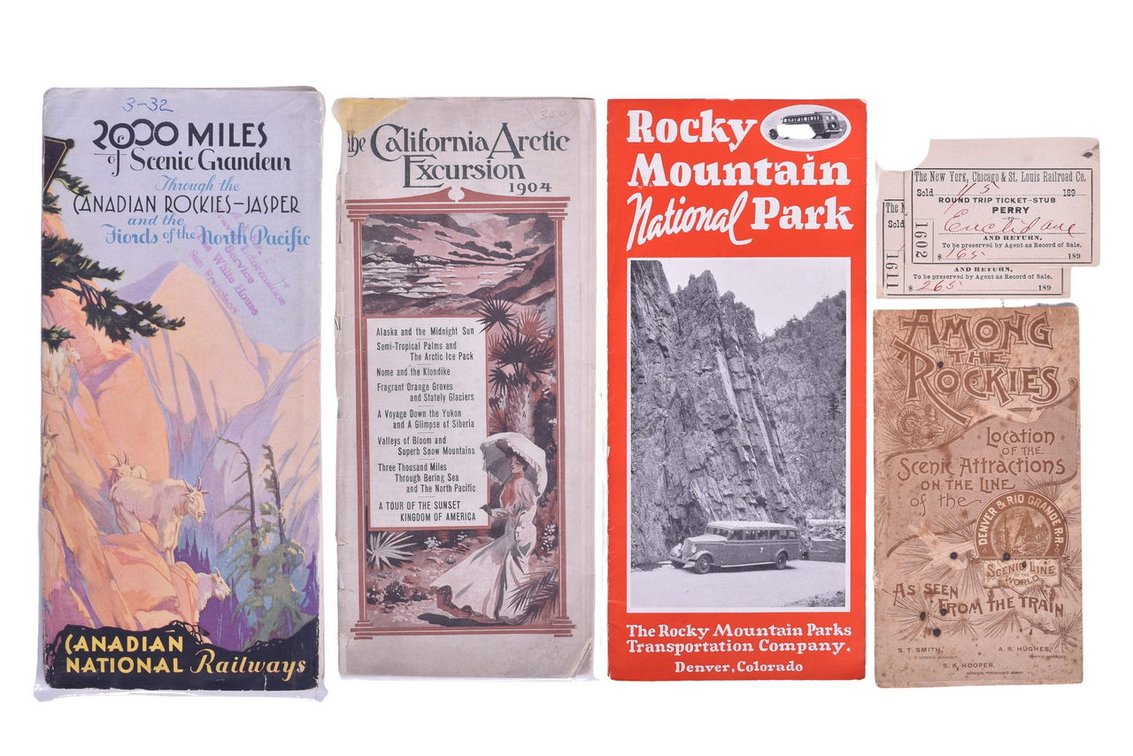 Rocky Mountain And Railroad Ephemera Group Of Seven Items- 1889 Denver & Rio Grande Railroad Among The Rockies Guide Book, 1904 California Arctic Excursion Brochure, Etc.