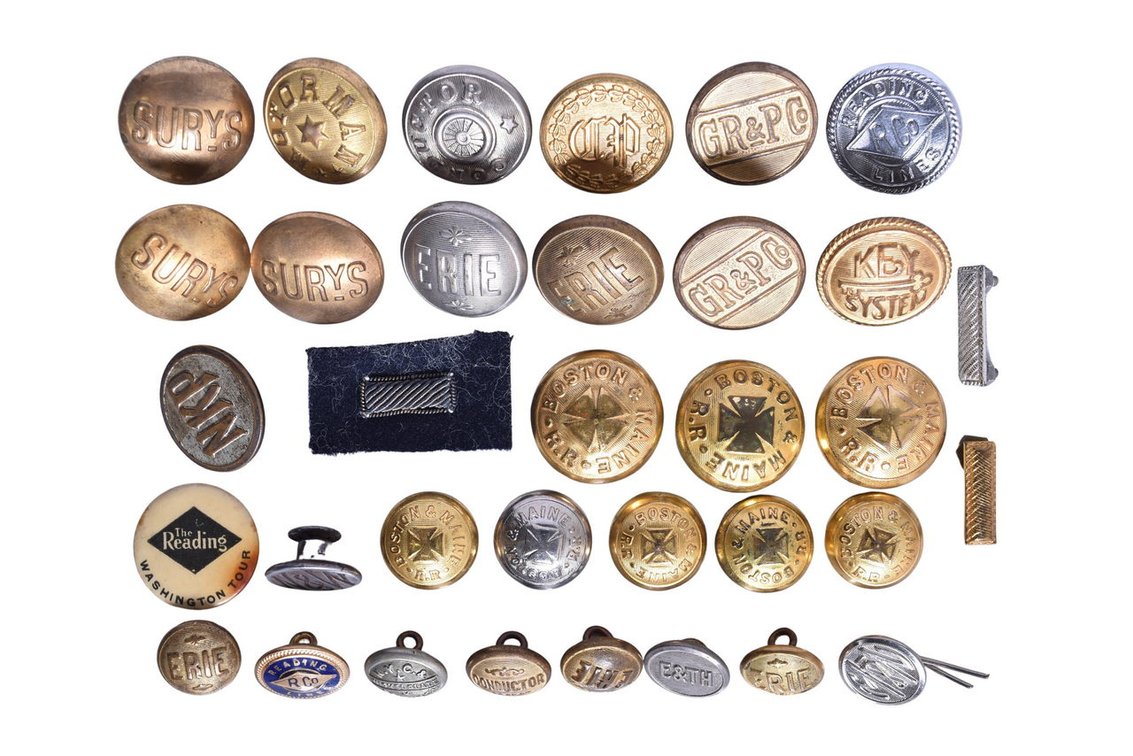 Thirty-Two Railroad Uniform Buttons- Nickel Plate Road, Motorman, Erie, SURYS, Boston & Main, Etc.
