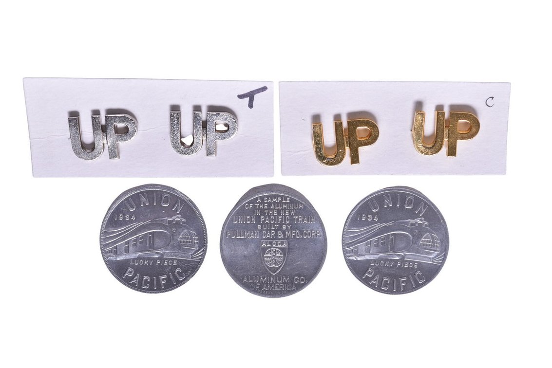 Five Union Pacific Memorabilia Items- ALCOA 1934 Lucky Piece, UP Pins