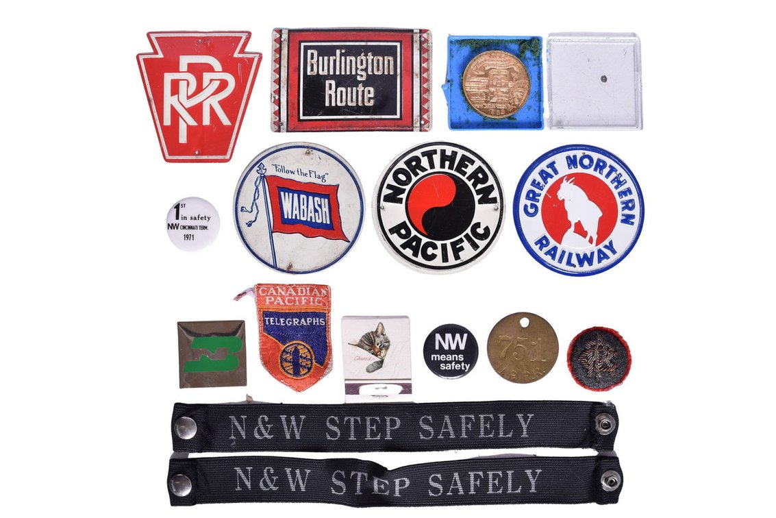 Fifteen Railroad Memorabilia Items- Safety Buttons, Post Cereal Mini Tins, Pins, Etc.