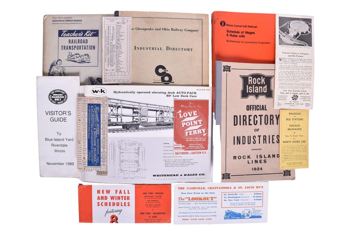 Group Of Twelve Railroad Memorabilia Items-Indiana Harbor Belt, Love Point Ferry, Chicago Milwaukee, Cincinnati, Jackson & Mackinaw Railroad, Etc.