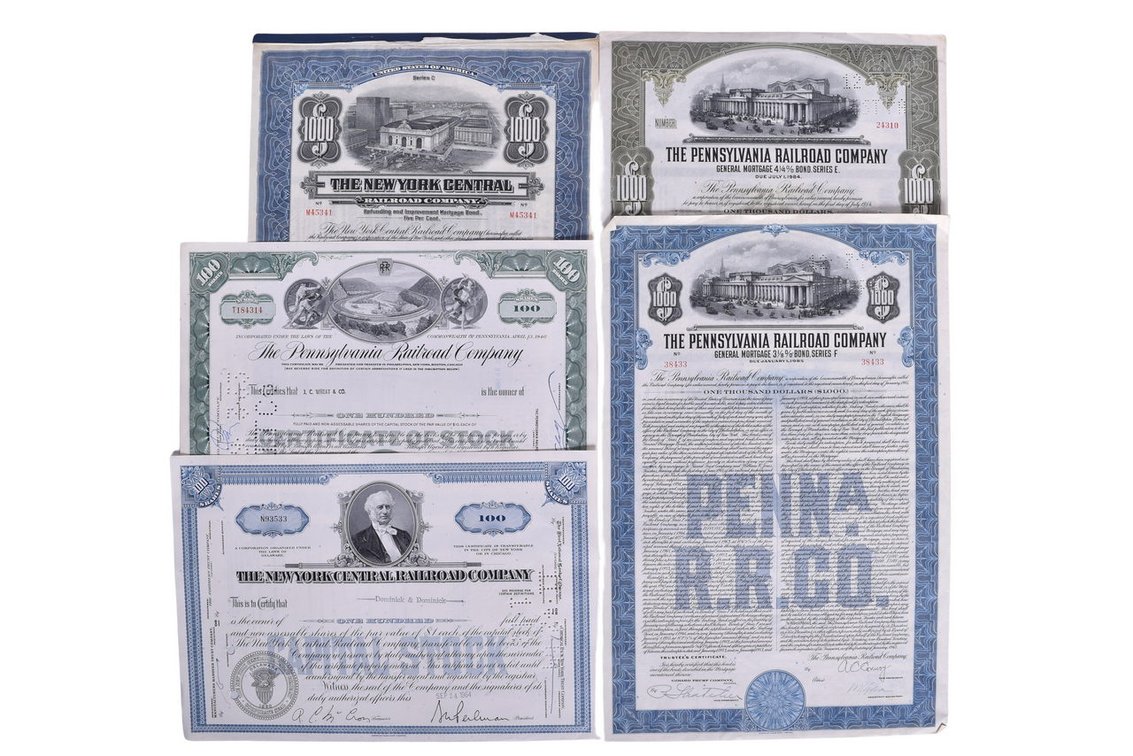 Group Of Five Railroad Stock Certificates- The New York Central Railroad Company 1964, The Pennsylvania Railroad Company 1963
