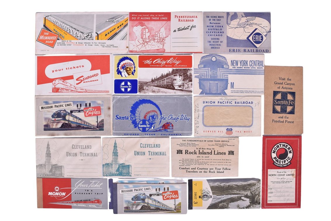 Railroad Paper Ephemera Group Of Seventeen Items- Envelopes And Ticket Stubs, Ticket Books