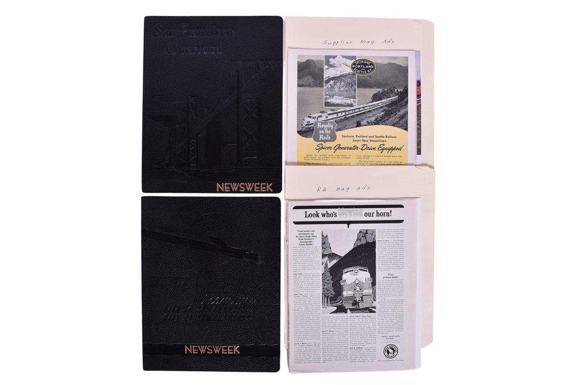 Railroad Ephemera Group Of Twenty-Nine Items- Newsweek Streamliner And San Francisco Overland Binder Covers, Supplier Magazine Ads, Railroad Magazine Ads