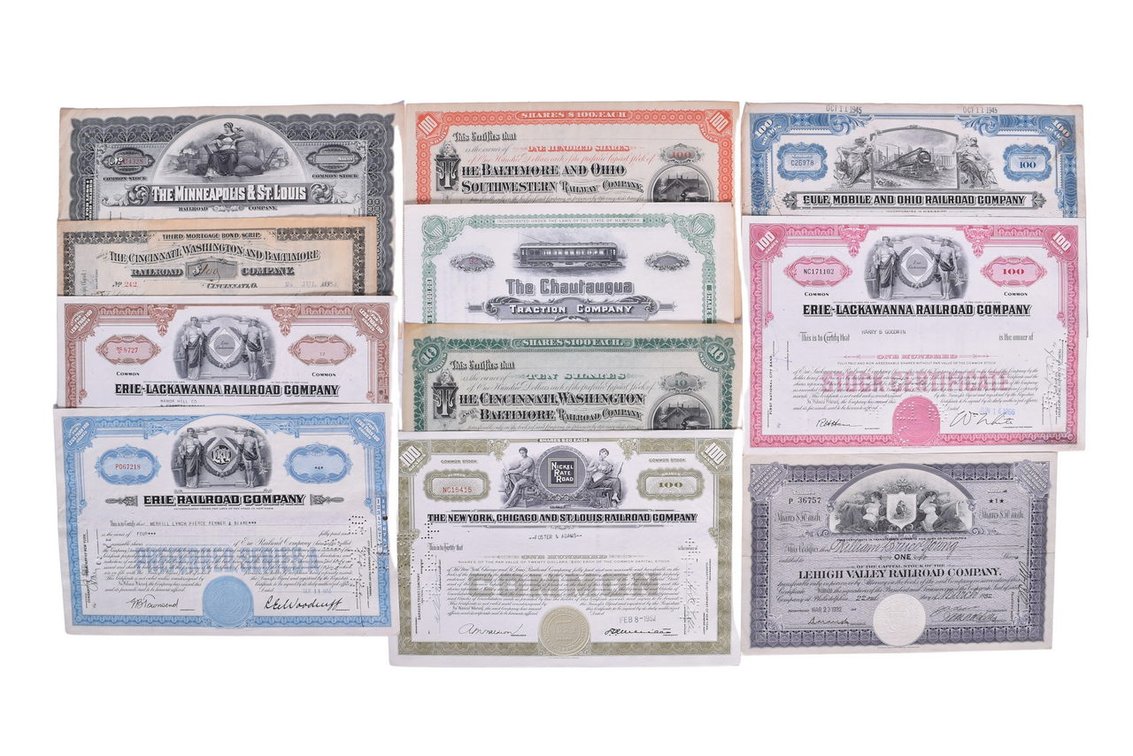 Group Of Eleven Railroad Stock Certificates- The Minneapolis & St. Louis, Gulf Mobile & Ohio, New York Chicago & St. Louis, 1883 Cincinnati Washington & Baltimore, The Chautauqua, Etc.