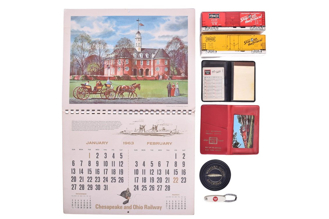 Group Of Seven Railroad Items- Frisco Boxcars Of Matches, Chessie Calendar, Missouri Pacific Lines Key Chain, Etc.