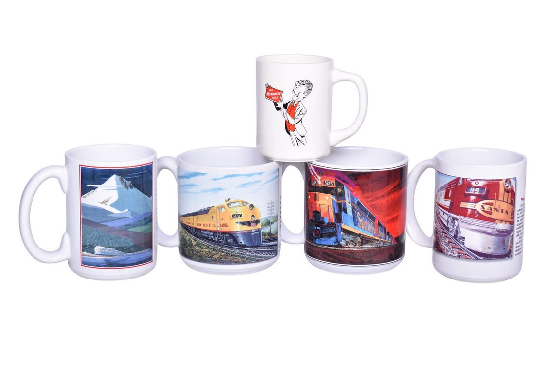 Group Of Five Railroad Mugs- Western Pacific Romancing The Streamliners, The Milwaukee Road