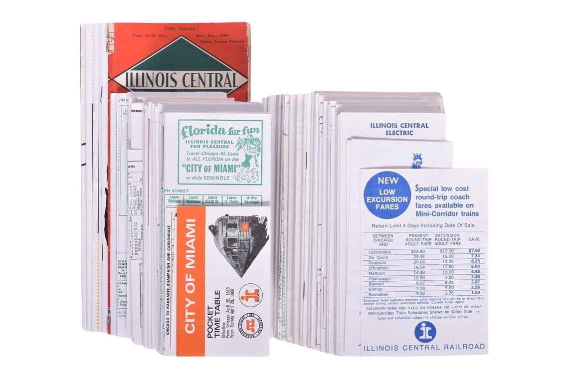 Over One Hundred Illinois Central Electric Time Tables, Electric Suburban Schedules, And Illinois Central Time Table Brochures 1944-1970
