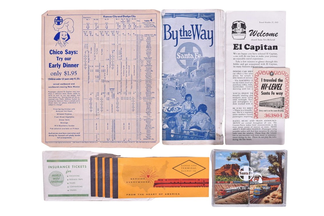 Santa Fe Railroad Ephemera Group Of Eleven Items- 1924 By The Way Santa Fe Booklet, Playing Cards With Plastic Case, Kansas City Terminal Railway Co. Ticket Stub Books, Santa Fe Menu, Timetable, Etc.