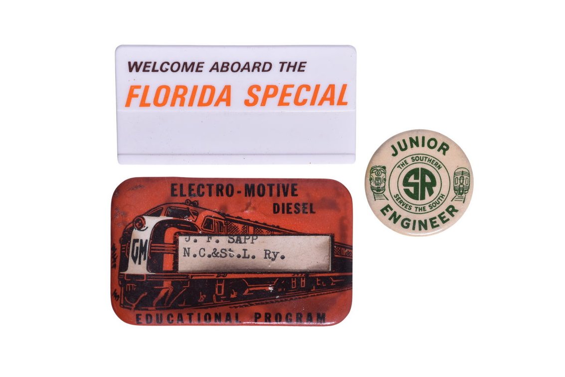 Three Railroad Pins- 1940-1950's Nashville, Chattanooga and St. Louis Railway Electro-Motive Diesel Educational Program Pin, Florida Special, SR Junior Engineer