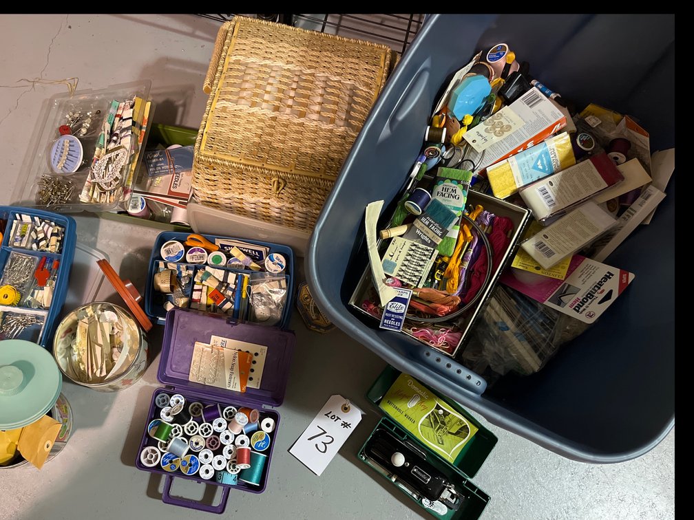 Tote of sewing supplies and sewing box