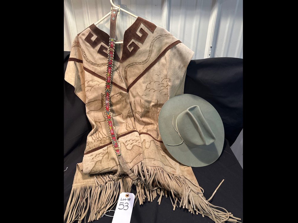 1960’s Leather Poncho, Cowboy Hat and Beaded Belt