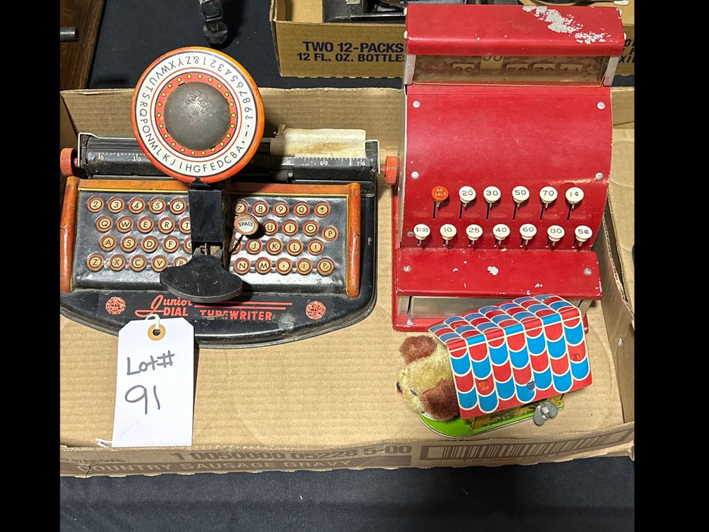 Vintage Tin Toys Typewriter/Cash Register/Wind Up Dog