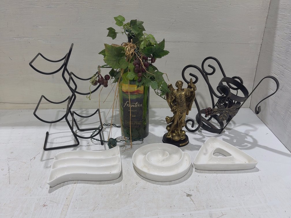 Lighted wine bottle, 2 wine holders, 3 appetizer plates, statue