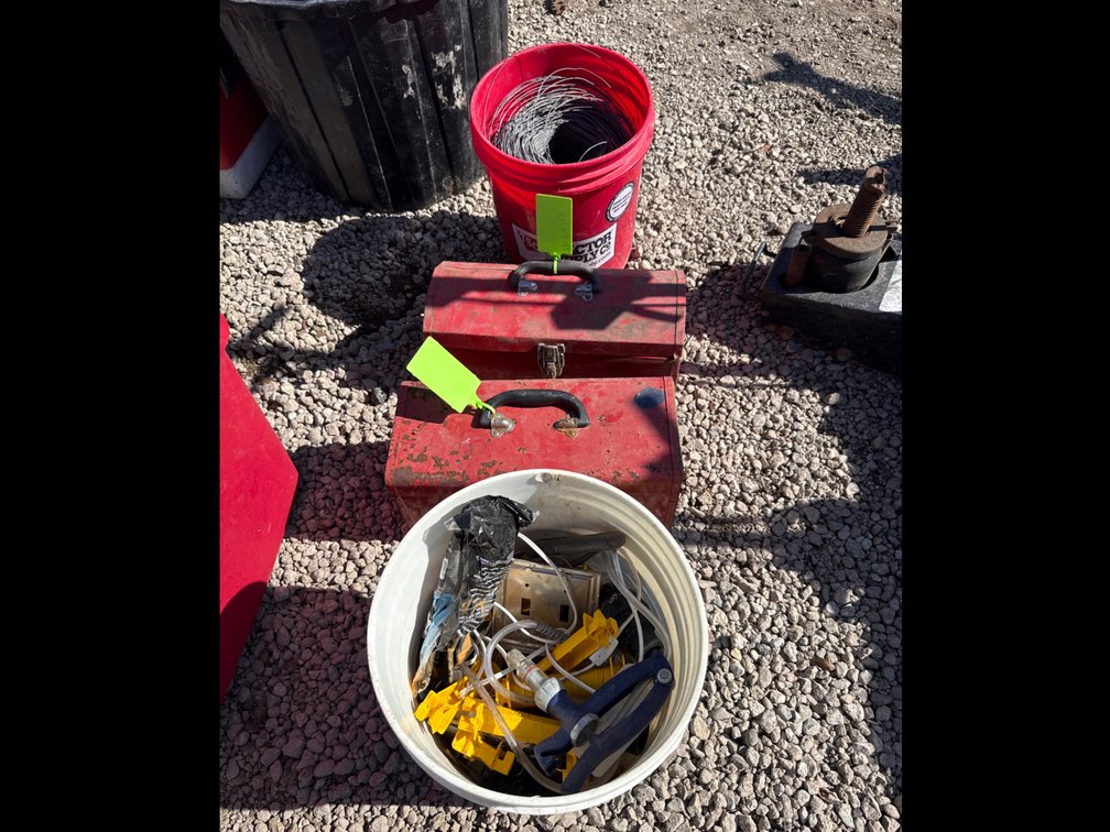 Pail of wire, pail of misc, 2 tool boxes