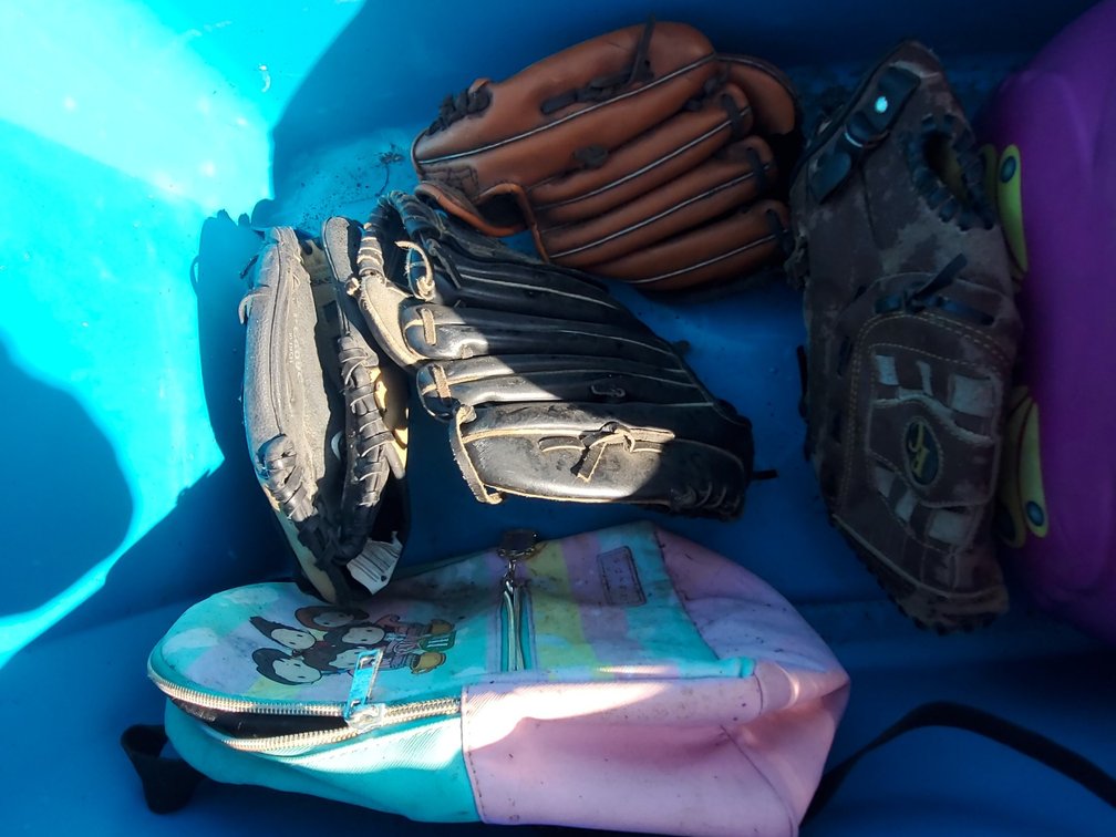 Suitcases, ball gloves,  helmets