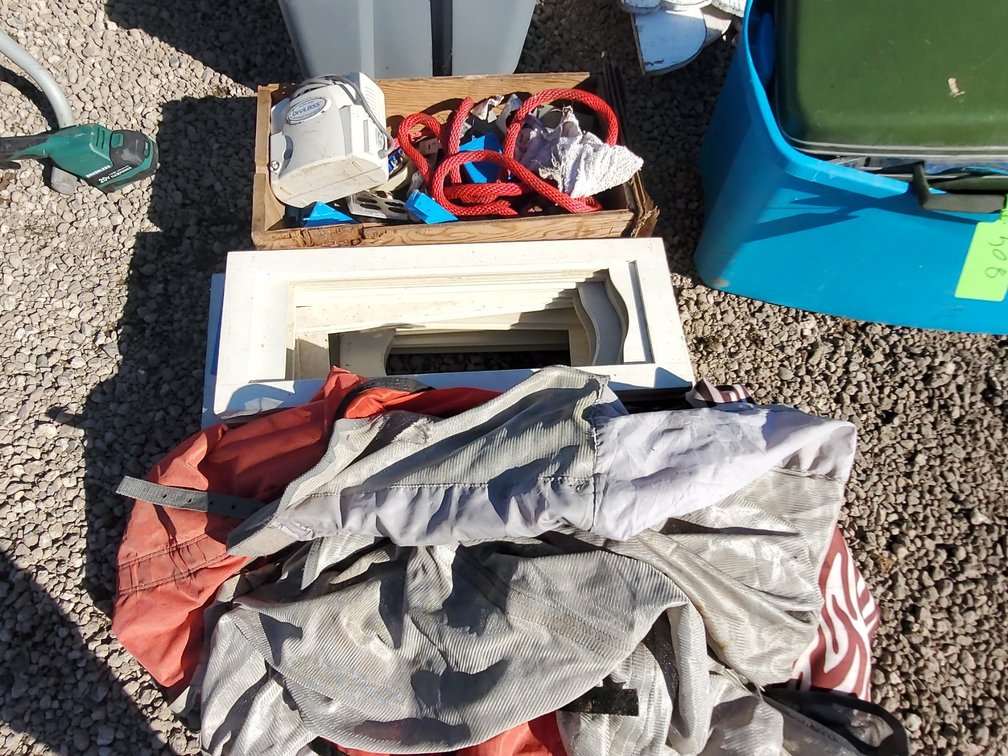 Box of electrical, rope, horse blankets,shutters