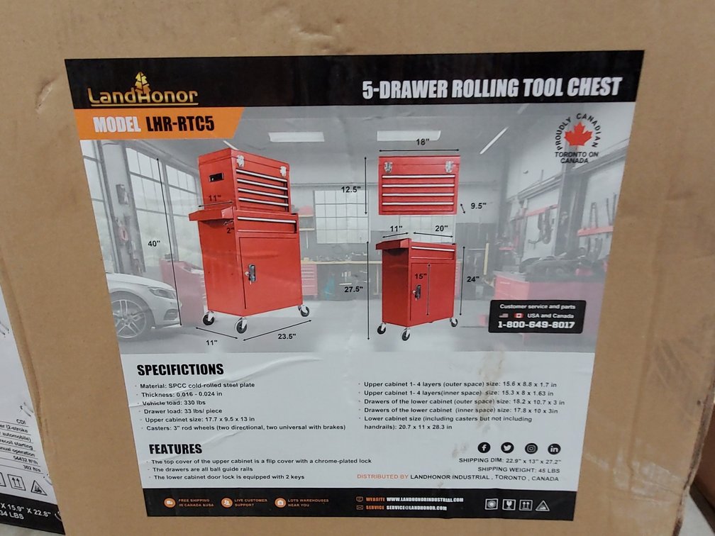 LandHonor 5-Drawer Rolling Tool Chest - New