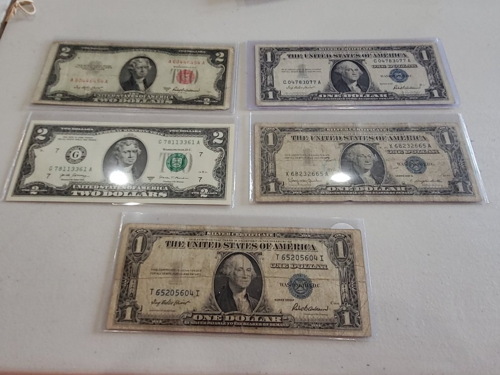 $1 & $2 dollar bills - description below