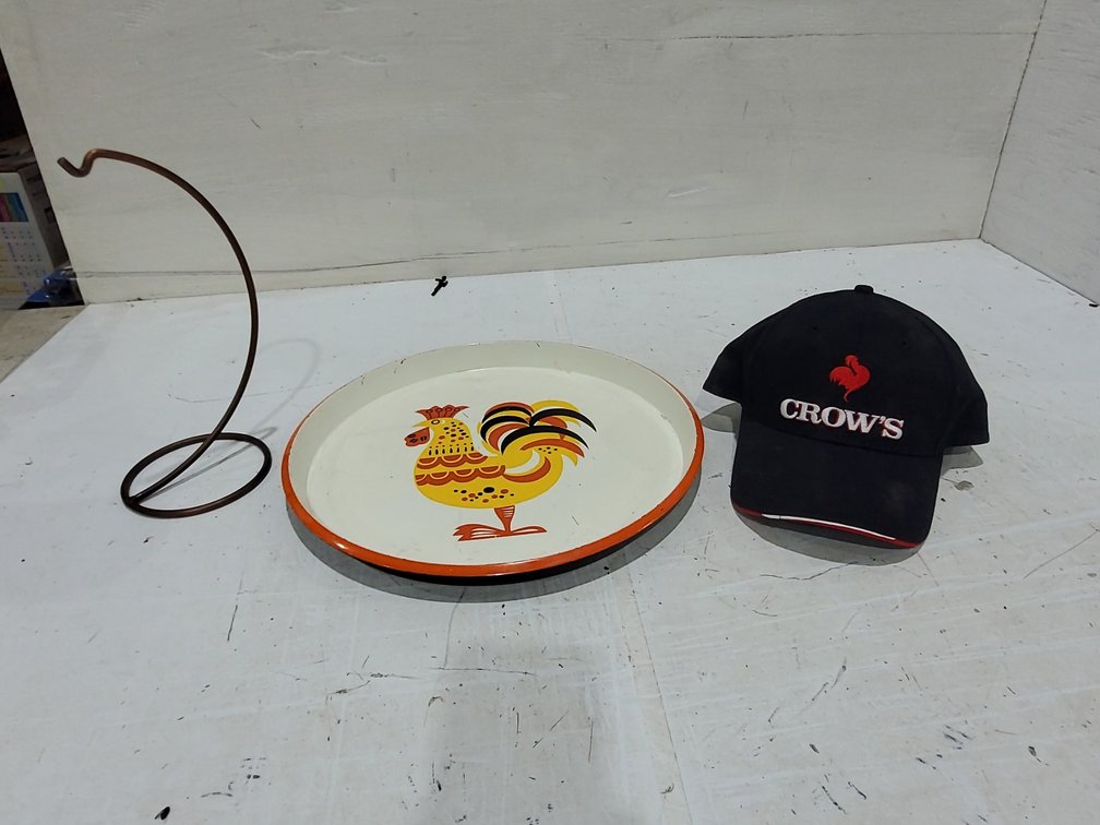 Crows hat, chicken platter & fruit hanger