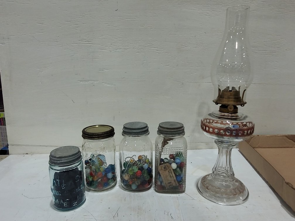 Mason Jars with marbles and lantern