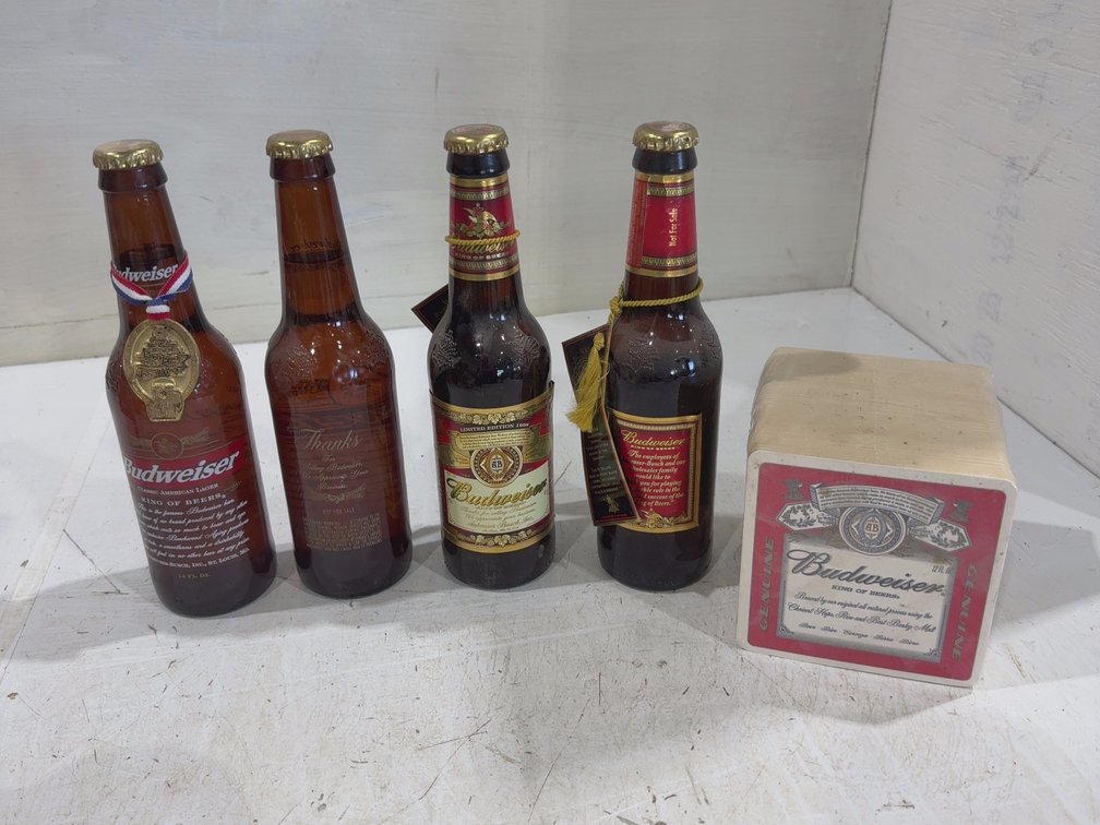 4 Budweiser Bottles & Coasters