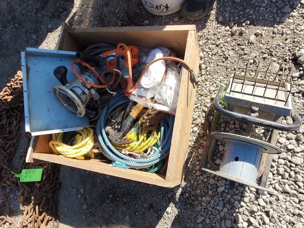 Work light, drill, tools, ropes