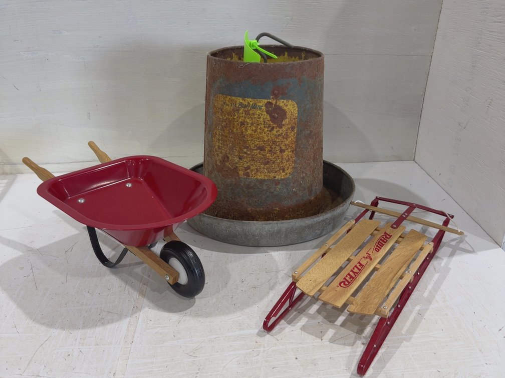 Chicken feeder, mini radio flyer, mini wheelbarrow