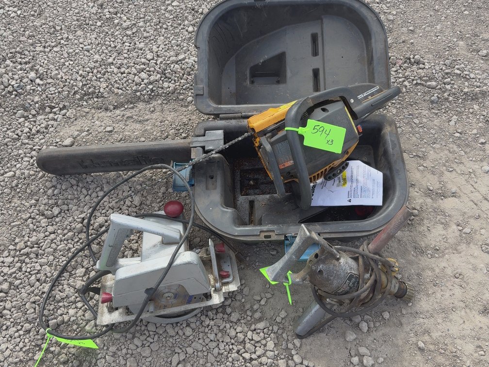 Chainsaw & case, half inch electric drill, saw