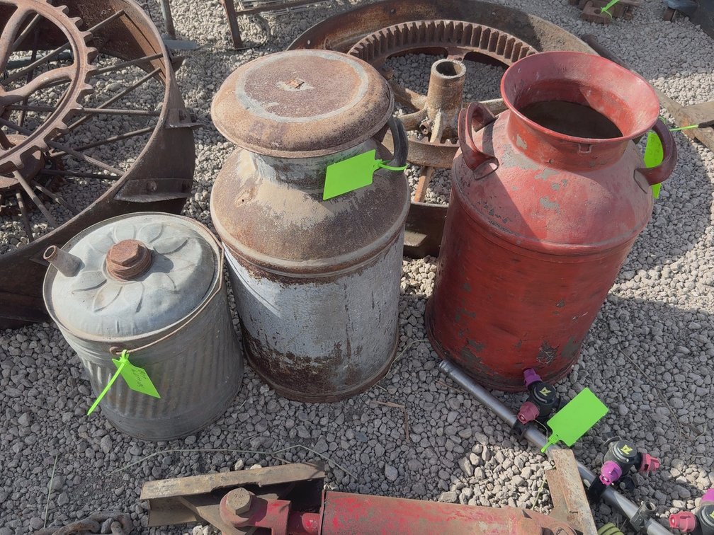 2 milk, cans, gas can - vintage