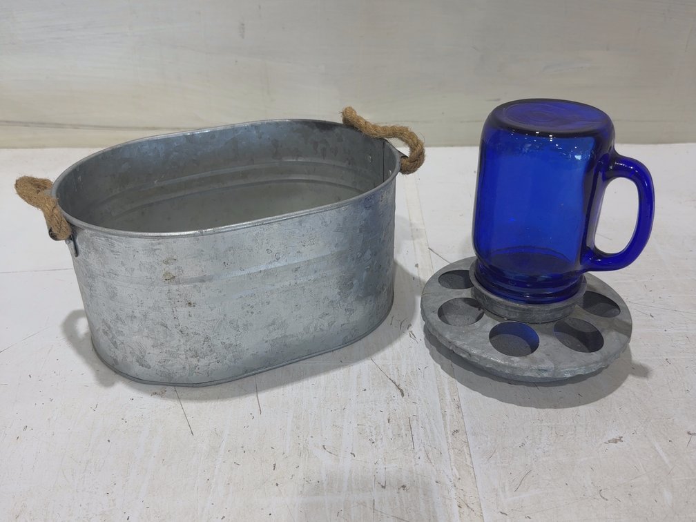 Glass chicken feeder & tin bucket