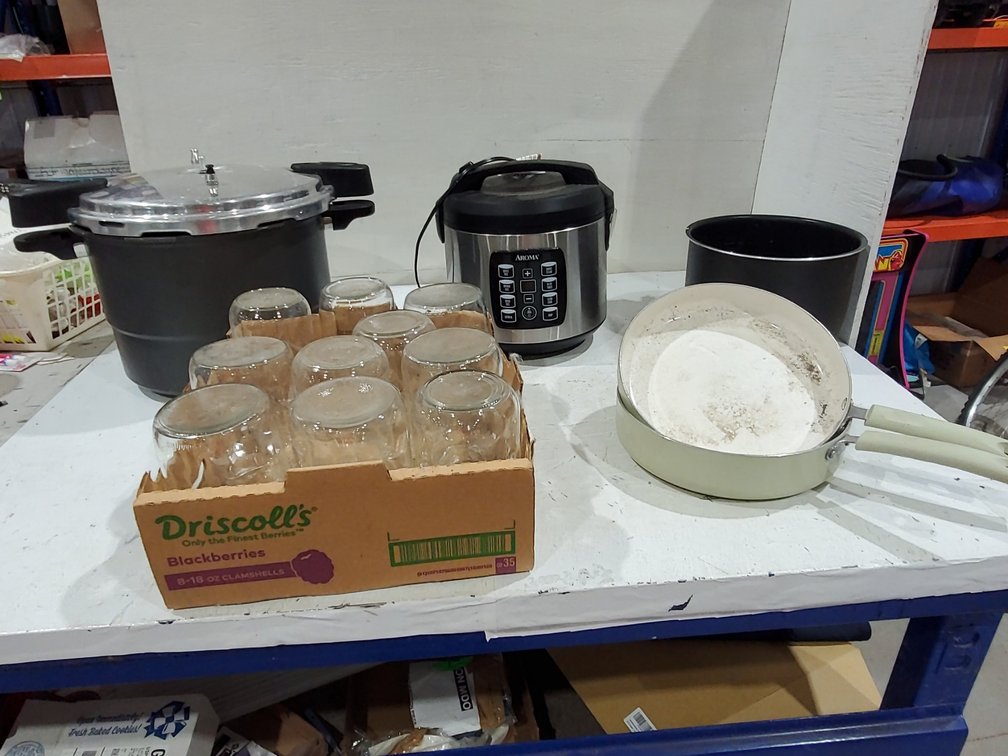 Glass jars, canner, rice cooker and pans