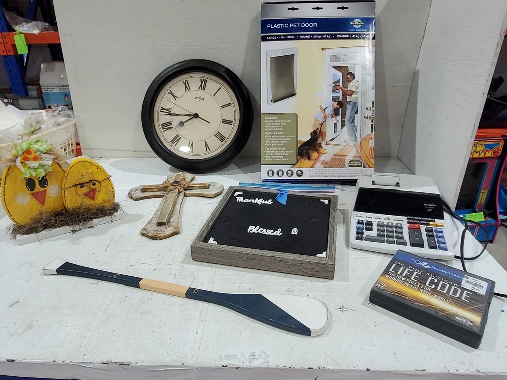 Plastic pet door, clock and misc