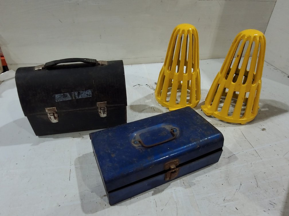 Cast roof drain domes, vintage lunch box & tool box