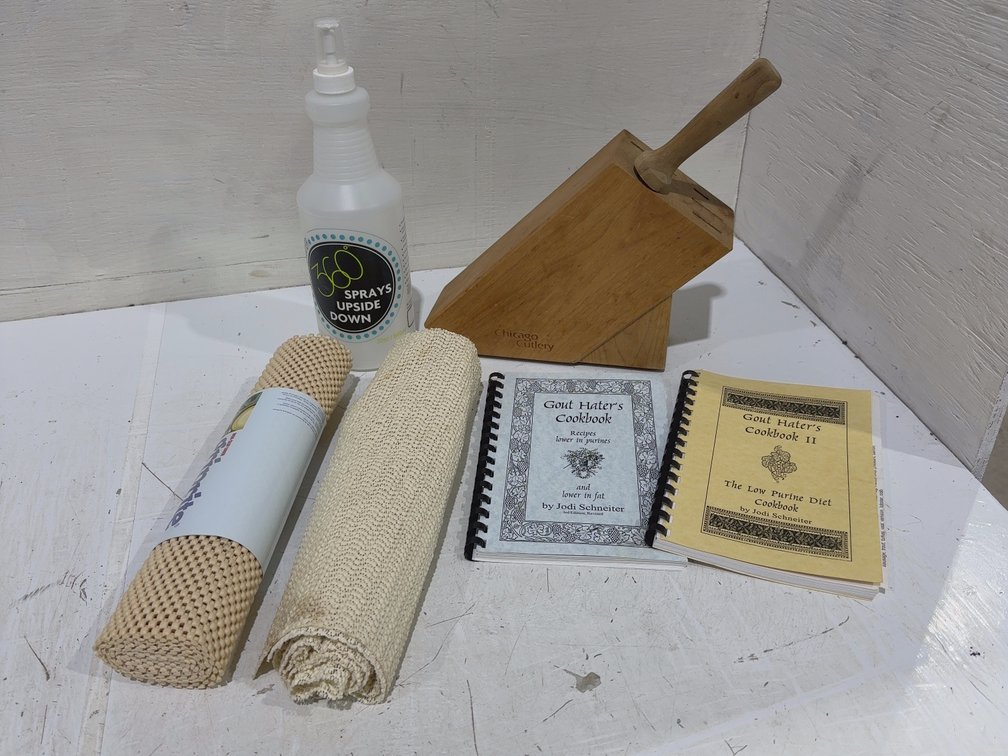 Cookbooks, knife block, drawer grips, spray bottle
