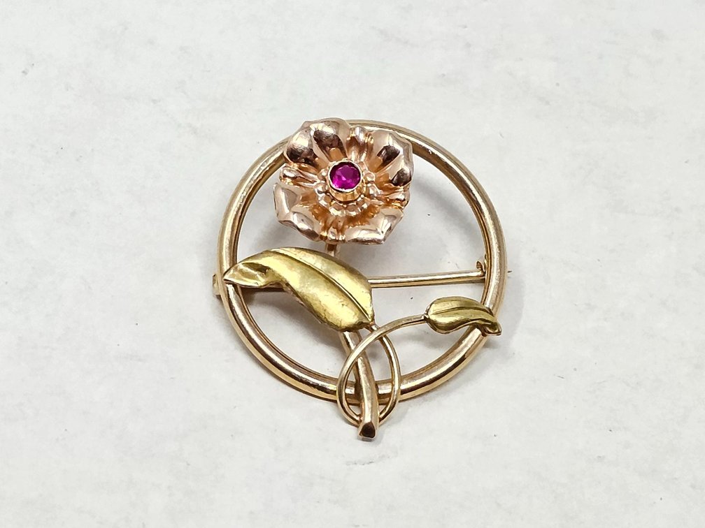 Gold and Ruby Floral Pin